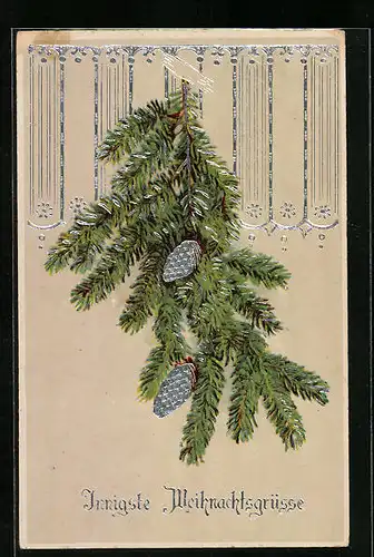 Künstler-AK Weihnachtsgrüsse, Tannenzweige mit silbernen Zapfen