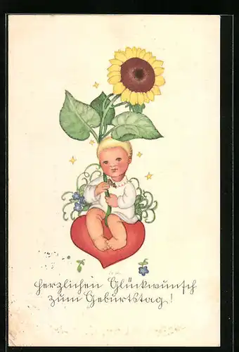 Künstler-AK Glückwunsch zum Geburtstag, Kind mit Sonnenblume