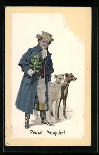 Künstler-AK Prosit Neujahr, Herr mit Stechpalmenzweig und Hunden