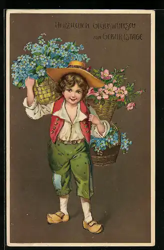 Künstler-AK Glückwunsch zum Geburtstag, Junge mit Blumen