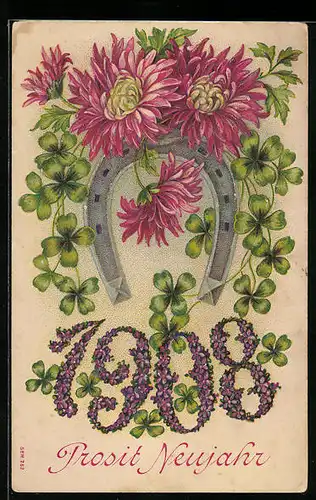 Präge-AK Prosit Neujahr 1908, Hufeisen und Blumen