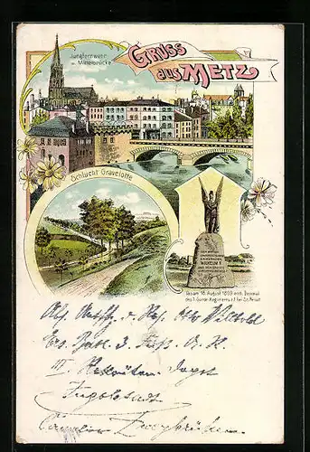 Lithographie Metz, Jungfernwehr und Mittelbrücke