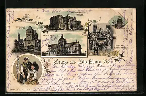 Lithographie Strassburg i. E., Landesausschuss-Gebäude, Kaiserl. Palais
