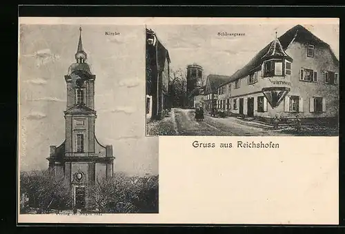 AK Reichshofen, Schlossgasse mit Gasthaus, Kirche