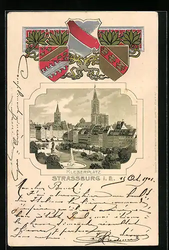 Lithographie Strassburg, Kleberplatz, Stadt-Wappen