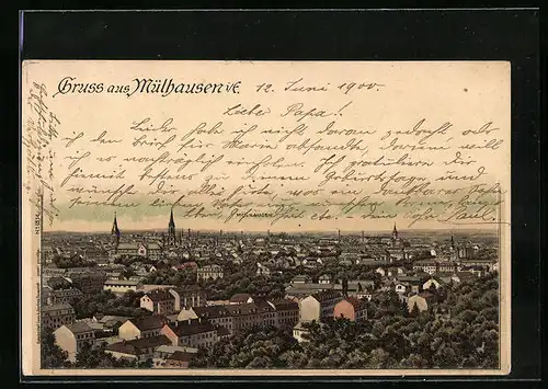 Lithographie Mülhausen i. E., Blick über die Stadt