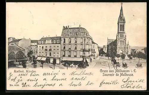 AK Mülhausen i. E., Strassenpartie mit Kathol. Kirche