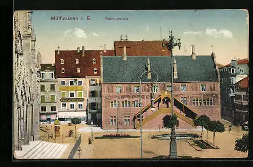 AK Mülhausen i. E., Rathausplatz im Sonnenschein