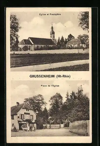 AK Grussenheim, Place de l`Eglise, Eglise et Presbytère