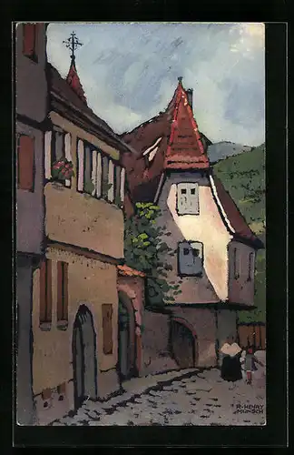 Künstler-AK Kaysersberg, Alte Häuser im Ort