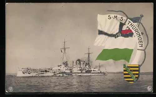 AK Kriegsschiff SMS Thüringen mit Wappen und Reichskriegsflagge