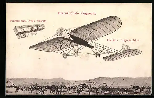 AK Frankfurt a. M., Internationale Flugwoche, Blériots Flugzeug, Flugmaschine Orville Wrights