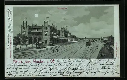 Mondschein-Lithographie Minden i. W., Bahnhof von der Gleisseite