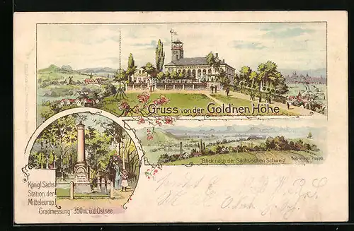 Lithographie Bannewitz, Gasthaus Goldne Höhe, Blick nach der Sächs. Schweiz