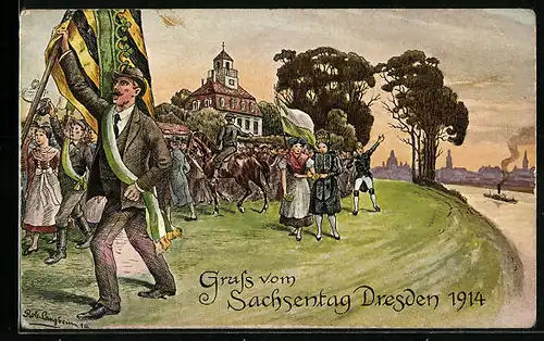 Künstler-AK Dresden, Festpostkarte Sachsentag 1914 - Festzug mit Blick auf Elbe und Stadt
