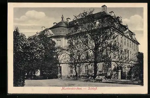 AK Martinskirchen, Das Schloss - Gebäudeansicht mit Eingangstreppe und Gartentor
