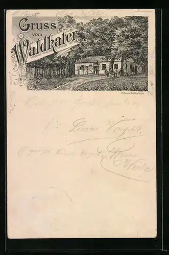 Lithographie Eldagsen, Gasthaus Waldkater - Gebäude im Wald mit Weg und Gästen an Tisch