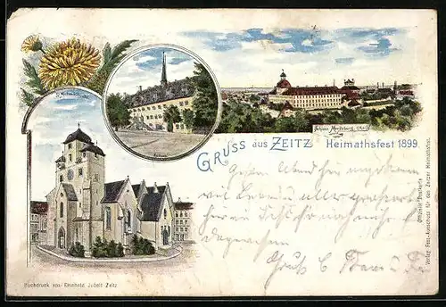 Künstler-AK Zeitz, Heimathsfest 1899 - St. Michaeliskirche, Rathaus, Teilansicht