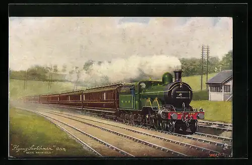 Künstler-AK Dampflokomotive der Flying Scotchman nahe Hatfield