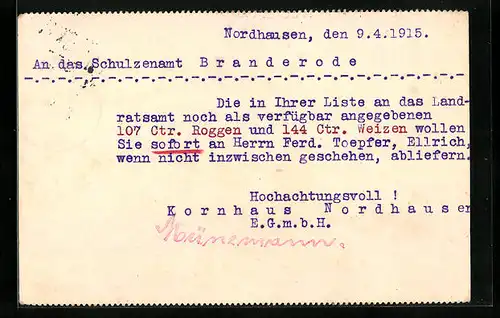 AK Nordhausen, Kornhaus EGmbH, An das Schulzenamt Branderode