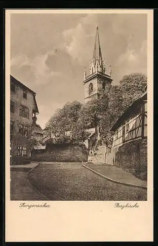 AK Langensalza, Strassenpartie mit Bergkirche