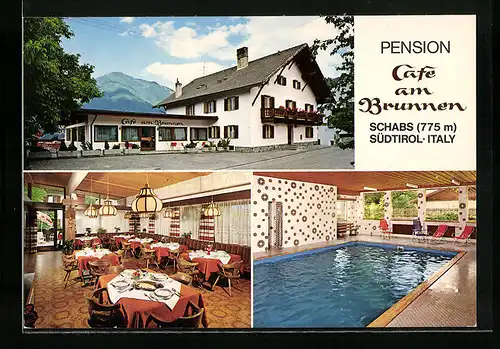 AK Schabs, Pension-Cafe am Brunnen mit Schwimmbad