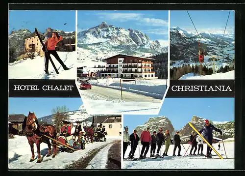 AK La Villa /Val Badia, Hotel Chalet Christiania im Winter, Seilbahn, Schlitten- und Skipartie