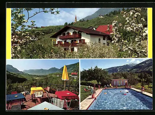 AK Riffian bei Meran, Pension Tschaupphof, Terrasse, Schwimmbecken