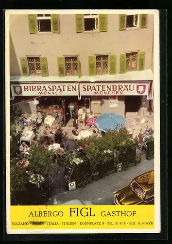 AK Bozen, Gasthof Figl am Kornplatz 9 aus der Vogelschau