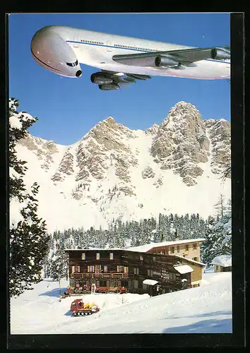 AK St. Vigil /Enneberg, Rifugio Fanes-Hütte, Fllugzeug schaut sich um!