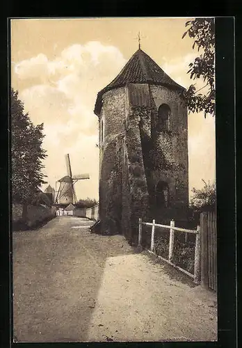 AK Xanten, Alter Wachtturm an der Stadtmauer und Windmühle