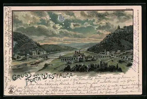 Mondschein-Lithographie Porta Westfalica, Totalansicht mit Kaiser-Wilhelm-Denkmal