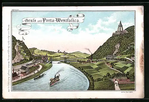 Lithographie Porta Westfalica, Kaiser-Wilhelm-Denkmal mit Weser und Dampfern