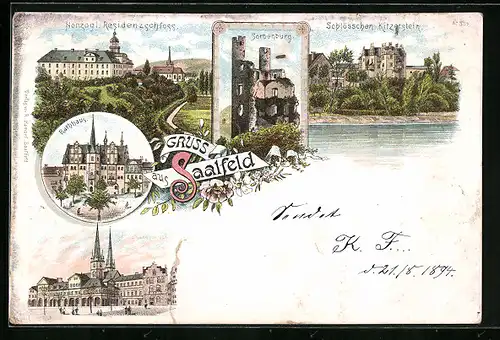 Vorläufer-Lithographie Saalfeld, 1894, Herzogl. Residenzschloss, Sorbenburg, Rathaus, Schlösschen Kitzerstein