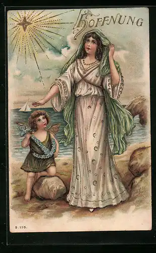 AK Allegorie Hoffnung, Frau mit Engel am Strand