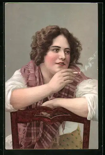 AK Junge Frau mit Schal raucht eine Zigarette