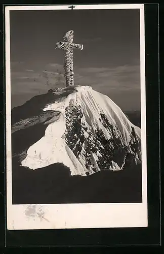 AK Untersberg, Gipfelkreuz am Geiereck im Rauhreif