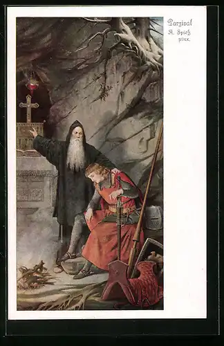 Künstler-AK Parsival erfährt beim Einsiedler von den Wundern des Grals