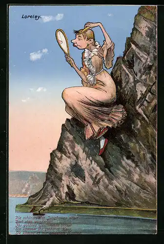 Künstler-AK Eine Loreley mit fliehendem Kinn kämmt sich die Haare, Karikatur