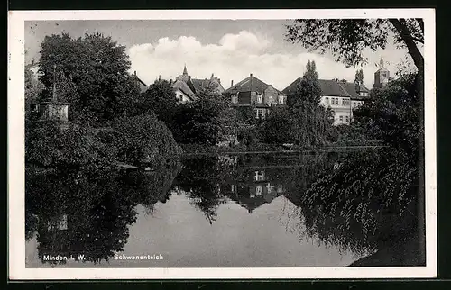 AK Leipzig, Schwanenteich mit Blick auf Häuser