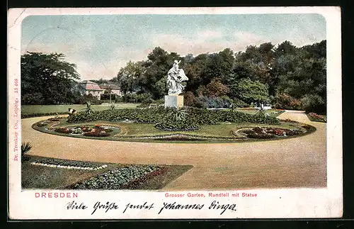 AK Dresden, Kgl. Grosser Garten - Rundteil mit Statue