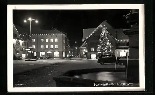 AK Dornbirn, Marktplatz bei Nacht im Weihnachtsschmuck