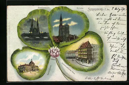 Passepartout-Lithographie Strassburg i. E., Garnisonkirche, Münster, Kaiserpalast, Kammerzell`sches Haus