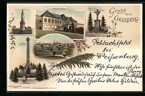 Lithographie Weissenburg, Schloss Geisberg, Denkmal bei Altenstadt, Denkmal der III. Armee, Totalansicht