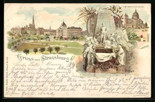 Lithographie Strassburg i. E., St. Peterskirche, Denkmal, Totalansicht