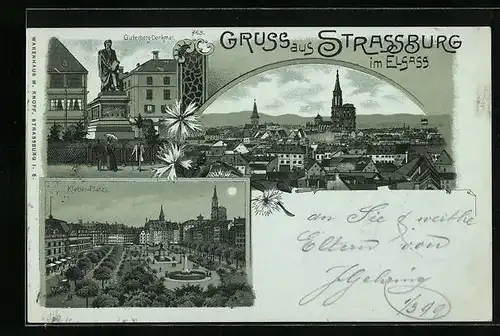 Mondschein-Lithographie Strassburg i. E., Gutenberg-Denkmal, Kleberplatz, Totalansicht