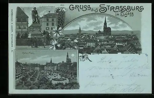 Mondschein-Lithographie Strassburg i. E., Gutenberg-Denkmal, Kleber-Platz, Totalansicht