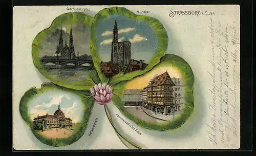 Passepartout-Lithographie Strassburg i. E., Garnisonkirche, Münster, Kaiserpalast, Kammerzell`sches Haus