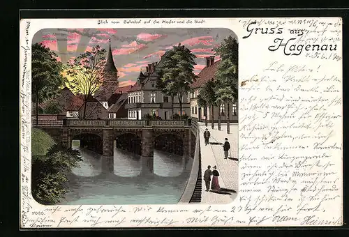 Lithographie Hagenau, Blick vom Bahnhof auf die Moder und die Stadt