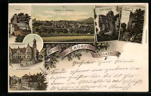 Lithographie Zabern i. E., Hohnarr, Gross-Geroldseck, Ruine Grafenstein, Kaiserl. Postamt und Bahnhofstrasse